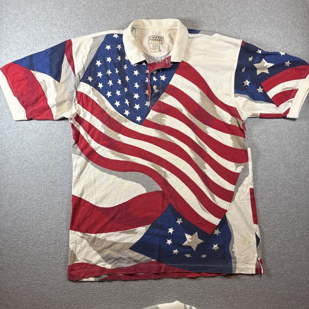 VTG Cotton Traders American Flag Men's Polo Sz 2XLT Patriotic USA (Stain)